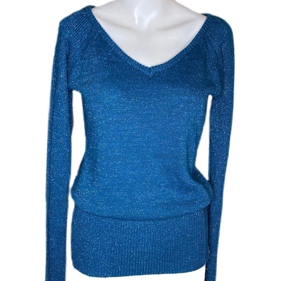 Tulle Sparkly Blue V- Neck Sweater Blue Size M - Picture 2 of 7